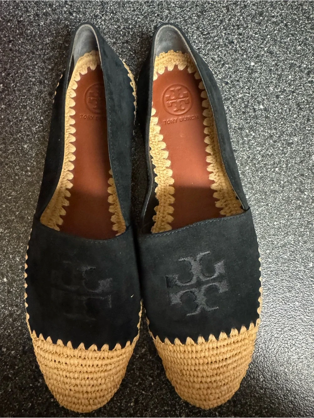 Tory Burch Black Suede Flats with Natural Raffia Trim